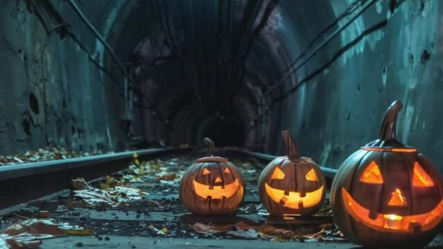 Haunted Subway Tunnel, Toy at Night, Halloween Background pumpkin scary animation looping 4k High-Quality video