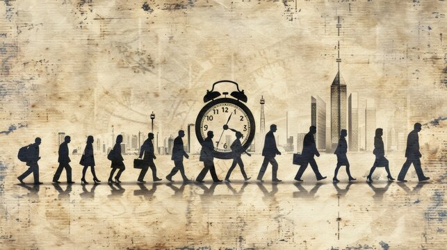 Artistic depiction of the evolution of humans with time leading to modern skyscrapers, with a vintage backdrop