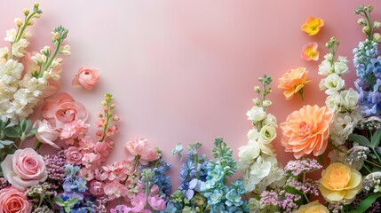 A high-resolution image of a delicate floral arrangement in the colors of the rainbow, forming a border on a pastel pink background, ideal for wedding or event invitations