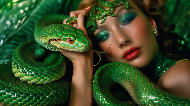 Close-up portrait of an exotic-looking woman with green snakes around her, featuring intense green eye makeup and a sensuous expression. Concept year of the green snake, 2025.