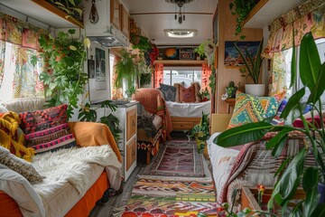 Bohemian Chic Mobile Home Interior with Vibrant Textiles and Plants
