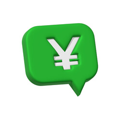 3d Green Speech bubble Icon of Yen currency money. Money concept, design element isolated on white background.