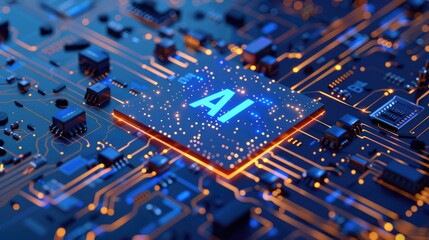 A glowing blue and orange AI chip on a circuit board. AIG51A.