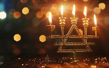 Lit menorah with glowing candles and a Star of David in warm light.