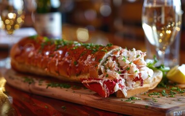 Lobster roll and whole lobster paired with wine, cozy ambiance.