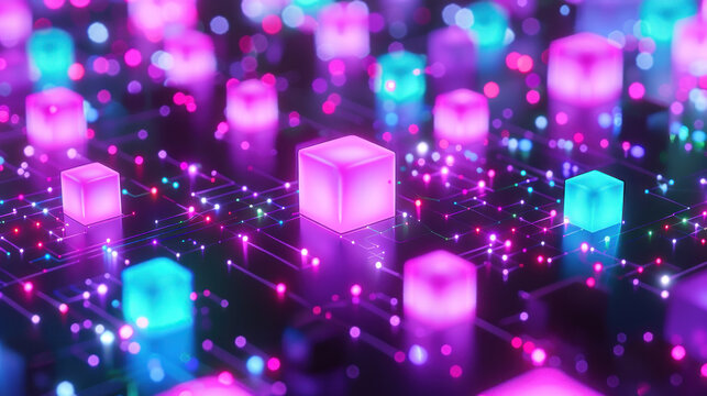 Abstract background with glowing cubes and microcircuit. Futuristic cyberspace network connection. Digital data in neon illuminated matrix. Modern technology virtual communication and information.