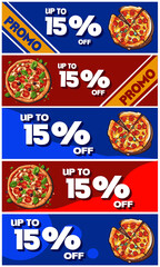 Naklejka premium 15 OFF, 5 discount coupons for purchasing pizzas, blue and red.