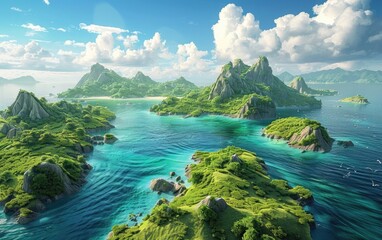 Lush green islands in a tranquil turquoise sea under a bright sky.