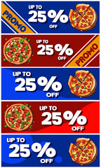 25 OFF, 5 discount coupons for purchasing pizzas, blue and red.