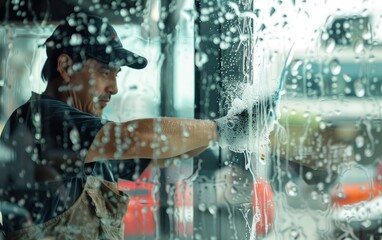 Man cleaning a glass pane with a squeegee, soap suds visible.