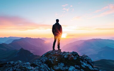 Man stands on rocky peak overlooking sunrise-lit mountains.