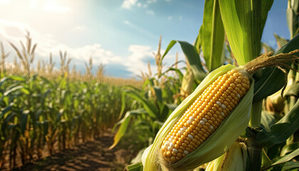 A close-up of a corn cob in an ear of corn in a field.