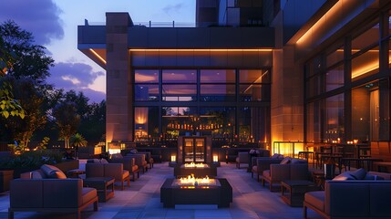 A high-resolution image of an upscale hotel bar outdoor lounge, with sophisticated furniture...