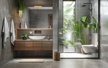 Modern bathroom with gray tiles, wooden vanity, and glass shower enclosure.