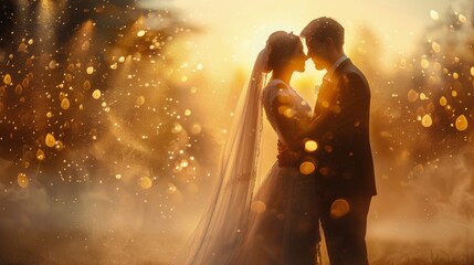 Bride and Groom Standing in Front of the Sun