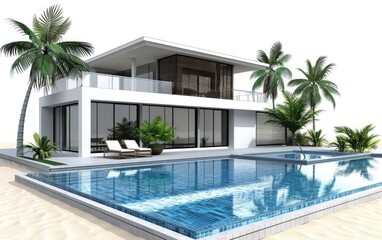 Modern house with swimming pool and palm tree.