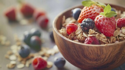 Wooden bowl filled with granola and berries on a table