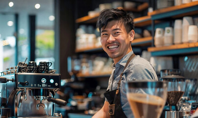 Handsome young Asian barista working in a coffee shop or cafe, making cappuccino, bartender in bar serving happy customers. Service indsutry, tip workers.