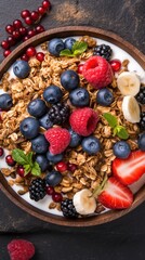 A bowl filled with granola, berries, bananas, raspberries, and mint leaves