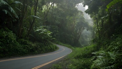 A narrow road winding through a lush green rainfor
