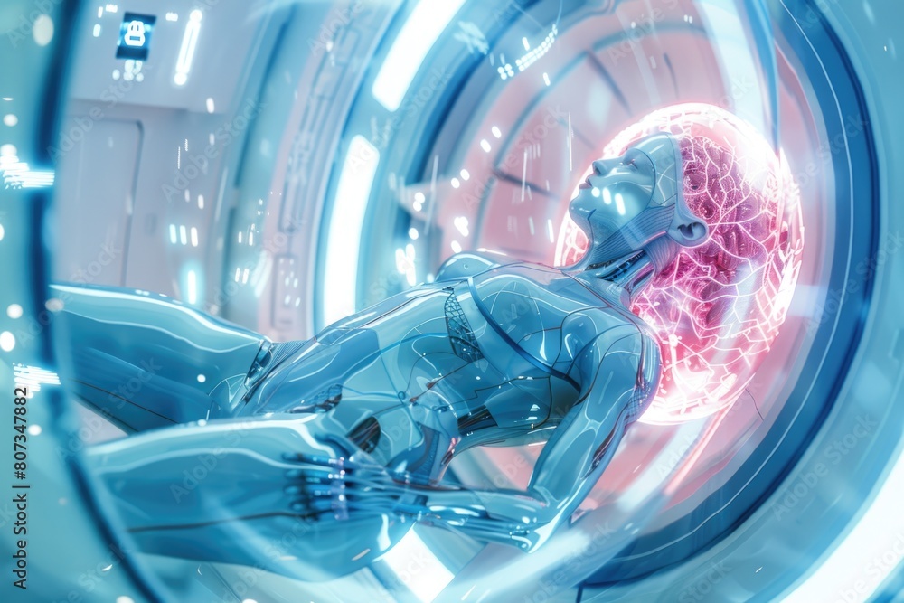 Poster a robot with a brain inside of it in a machine room. suitable for technology concepts