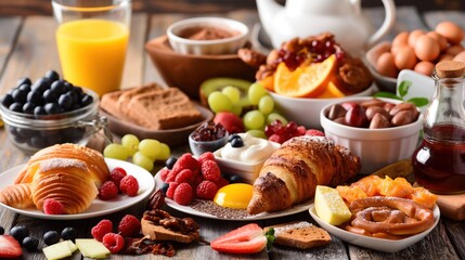 Various breakfast items arranged on a table