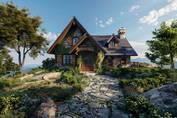 Charming cottage-style home nestled on a hilltop, with stone pathways leading through a lush garden to a cozy