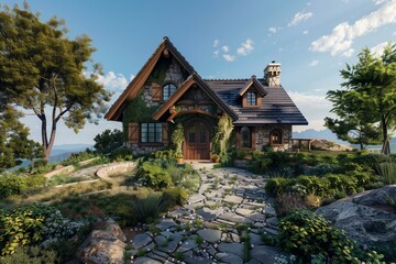 Fototapeta premium Charming cottage-style home nestled on a hilltop, with stone pathways leading through a lush garden to a cozy
