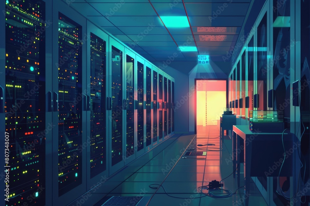 Poster a long hallway filled with rows of servers. suitable for technology and data center concepts