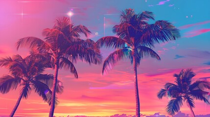 Obraz premium Palm trees against sunset sky background. Summer vacation concept. Retrowave, synthwave, vaporwave aesthetics. Retro style, webpunk, retrofuturism. Illustration for design, poster, banner