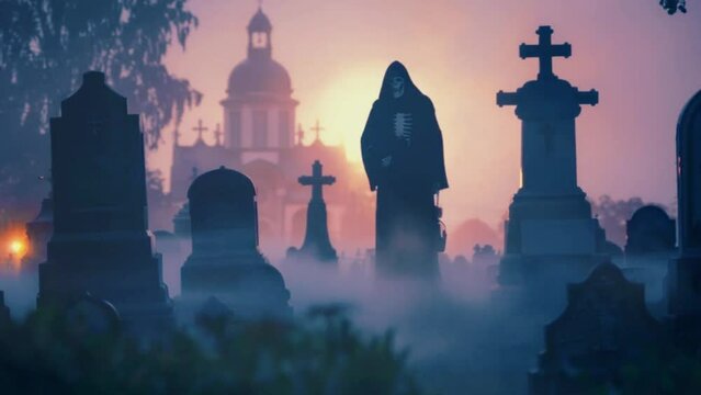 Grim Reaper sword Silhouette in a Cemetery Graveyard in Sunset, Halloween Dark Background 4k High-Quality Animation Video