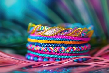 Close up of a stack of colorful bracelets, perfect for fashion or jewelry concepts