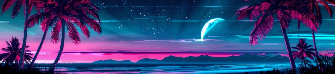 Panoramic tropical beach background. Summer vacation concept. Retrowave, synthwave, vaporwave aesthetics. Retro style, webpunk, retrofuturism. Illustration for design, poster, banner