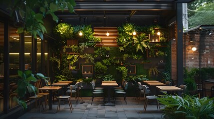 A high-resolution shot of a chic outdoor restaurant patio with modern minimalist furniture, green plant walls, and ambient lighting, set in an urban environment
