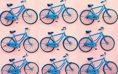 Pattern of blue bicycles on a pink background.