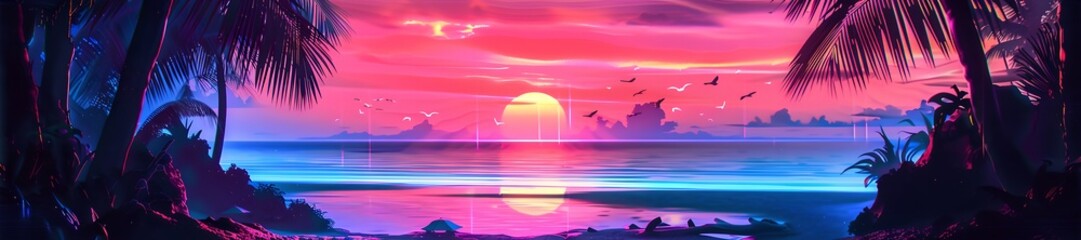 Palm tree silhouettes on beach background. Summer vacation concept. Retrowave, synthwave, vaporwave aesthetics. Retro style, webpunk, retrofuturism. Illustration for design, banner with copy space