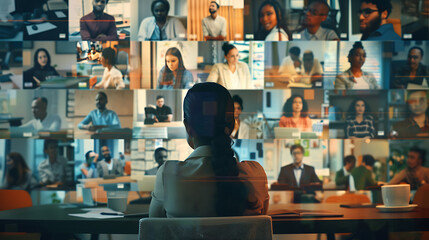 A dynamic image portraying a video meeting in progress, capturing the essence of remote collaboration and digital connectivity as individuals from diverse locations come together - obrazy, fototapety, plakaty