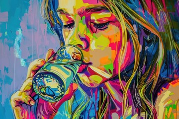 A painting of a woman drinking from a bottle. Suitable for various artistic projects