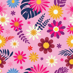 Hand drawn summer floral and tropical leaves pattern