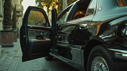 A black car with an open door parked on a city street. Suitable for transportation concepts