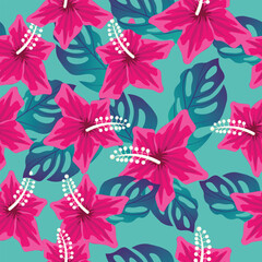 Hand drawn summer floral and tropical leaves pattern