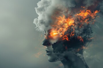 A man with a fire burning on top of his head. Suitable for concepts related to stress, pressure, and mental health issues