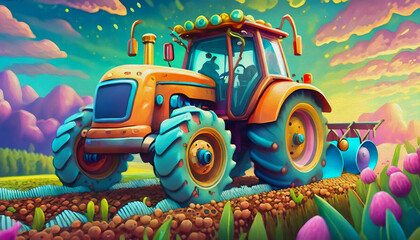 oil painting style cartoon character Orange tractor with harrow is plowing a field for sowing seeds into purified