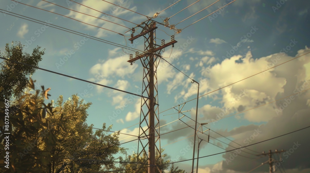 Poster a telephone pole with power lines, set against a backdrop of trees. ideal for illustrating infrastru