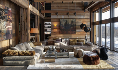 The living room interior design combines rustic elements such as raw wooden walls with luxurious accents such as velvet sofas and designer lamps.
