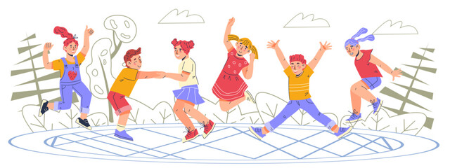 Children jumping on a trampoline in a park against the background of trees, flat cartoon vector illustration isolated on a white background. Happy children jumping in the summer.