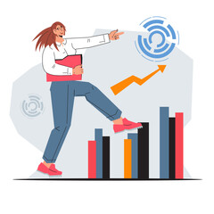 Planning career and financial growth. Business woman climbs the steps of the stairs. Career growth and personal goals achievement, flat vector illustration isolated on white background.