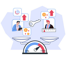 Comparison of KPI performance indicator between two business teams. Banner on topic of business performance and determining development and improvement indicators, flat vector illustration isolated.