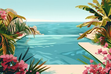 A serene painting of a pool surrounded by lush tropical plants. Ideal for interior decor or vacation-themed designs
