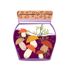 Preserved pickled mushrooms in a glass jar, flat vector illustration isolated on white background. Canned mushrooms for food labels and kitchen prints.